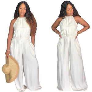 MN147 women's casual white solid sleeveless wide leg jumpsuit MN147