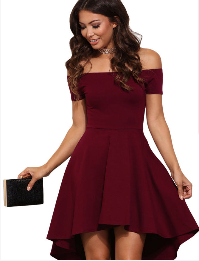 Womens Off The Shoulder Short Sleeve High Low Cocktail Skater Dress