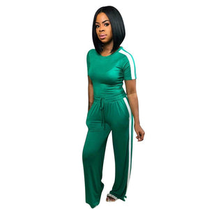 Short Sleeve stripe patchwork Colour two piece Set Casual Tops With trousers women two piece clothing Wide leg trousers