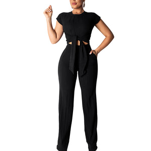 Custom Logo New Short Sleeve High Waist Wide Leg Two Piece Set Women Sexy Jumpsuit