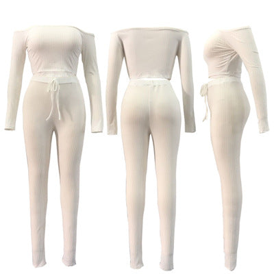 6 Color summer sexy strapless crop top club two piece women set long sleeve tops and pants set 2 piece outfits for women E3307