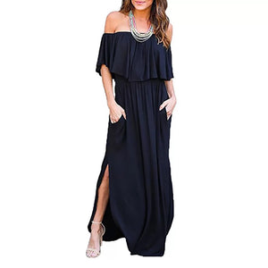 Womens Off The Shoulder Ruffle Party Dresses Side Split Beach Maxi Dress