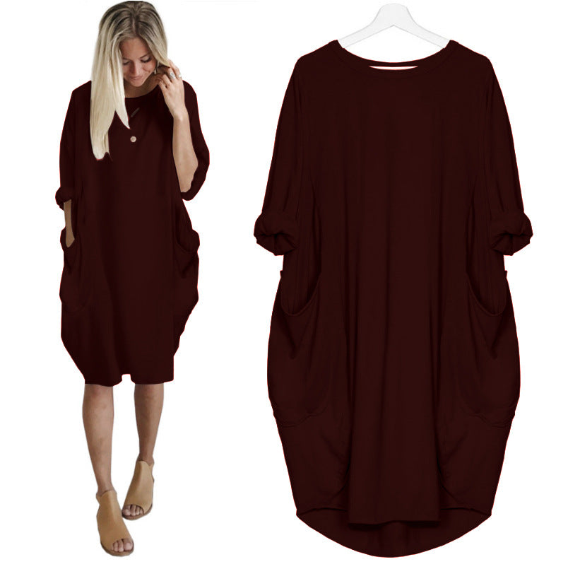 Womens Fashion Full Sleeve Pocket Loose Dress Ladies Crew Neck Casual Long Tops Dress Plus Size