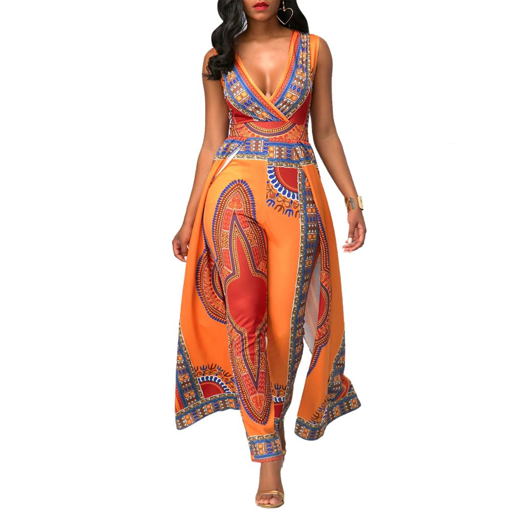 Women's sleeveless printed orange ethnic style jumpsuits