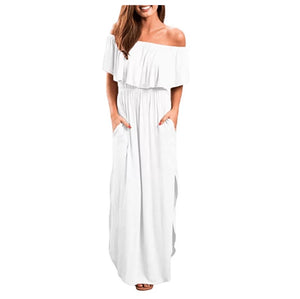 Womens Off The Shoulder Ruffle Party Dresses Side Split Beach Maxi Dress