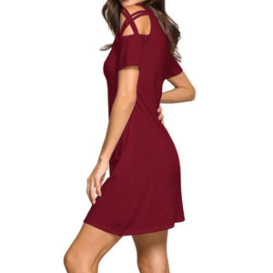 Women's Cold Shoulder Dresses with Pockets Loose Strappy T Shirt Swing Dress