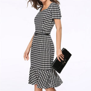 Women's Vintage Houndstooth-Printed Bow Slim Retro Dress