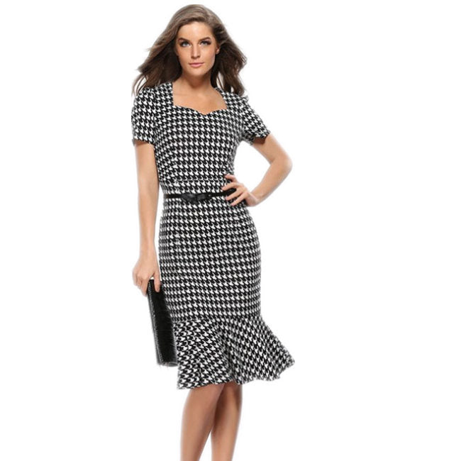 Women's Vintage Houndstooth-Printed Bow Slim Retro Dress