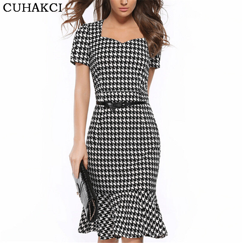 Women's Vintage Houndstooth-Printed Bow Slim Retro Dress