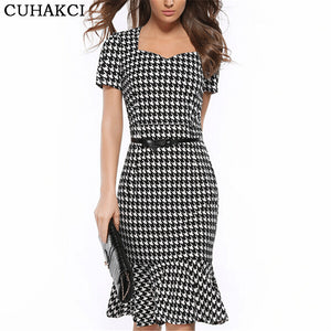 Women's Vintage Houndstooth-Printed Bow Slim Retro Dress