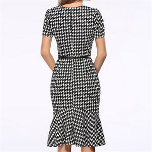 Women's Vintage Houndstooth-Printed Bow Slim Retro Dress