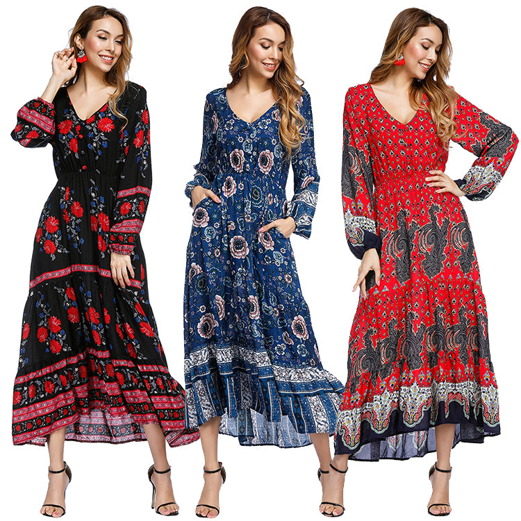 Bohemian Dress Women Printed Floral Long Sleeve Summer Maxi Dress