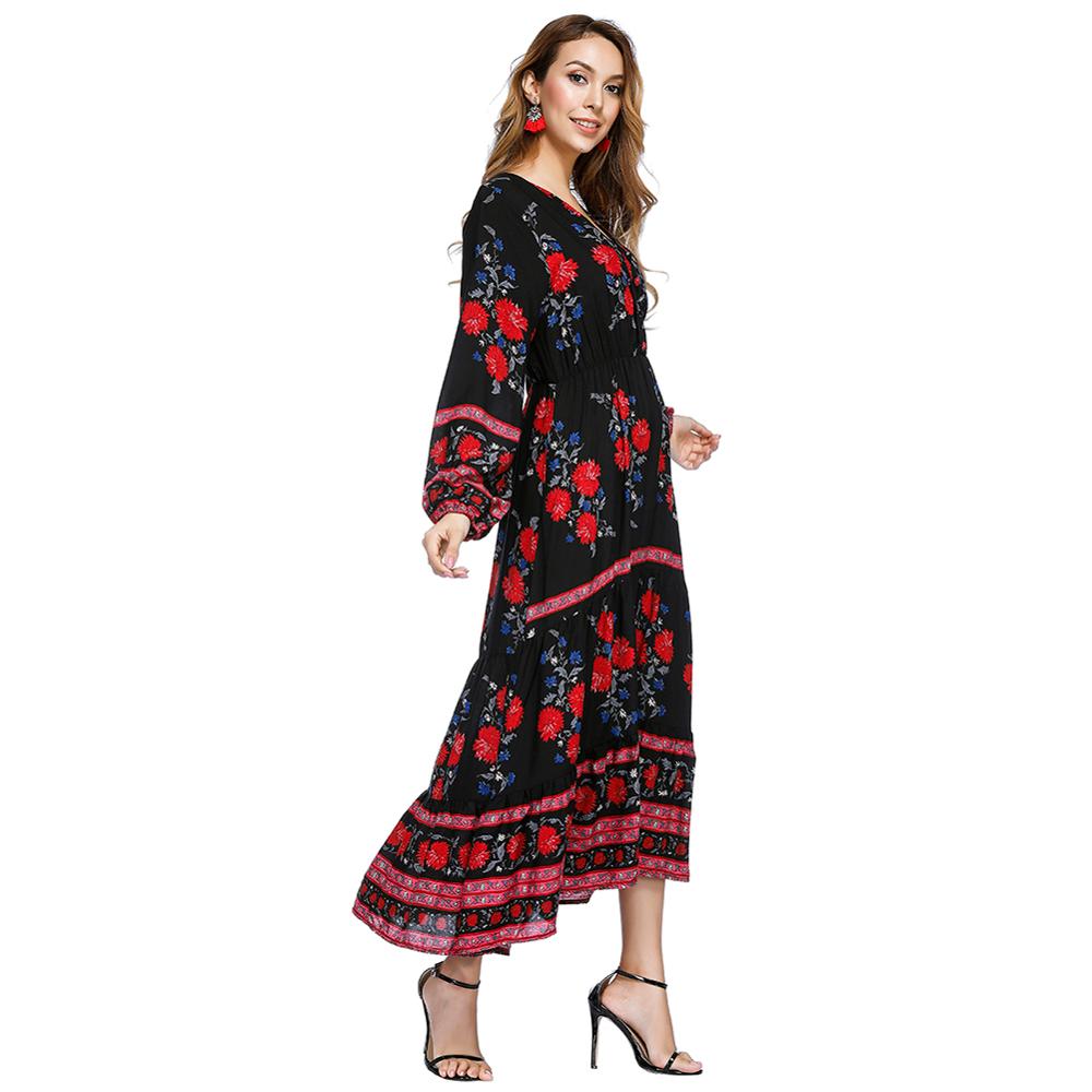 Bohemian Dress Women Printed Floral Long Sleeve Summer Maxi Dress