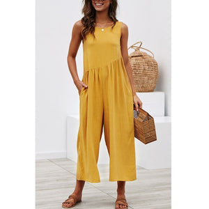 Lover-Beauty New Arriving Summer Yellow Loose Sleeveless One Piece Women Casual Jumpsuit