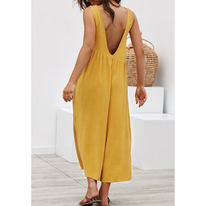 Lover-Beauty New Arriving Summer Yellow Loose Sleeveless One Piece Women Casual Jumpsuit