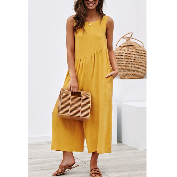 Lover-Beauty New Arriving Summer Yellow Loose Sleeveless One Piece Women Casual Jumpsuit