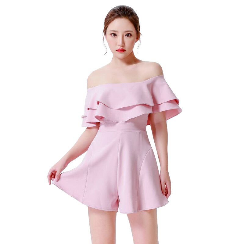 Low moq designer clothing ladies womens casual double ruffled off shoulder collar one piece jumpsuit