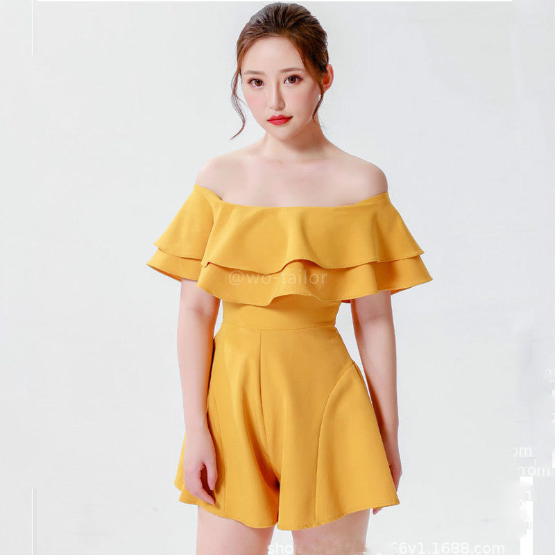 Low moq designer clothing ladies womens casual double ruffled off shoulder collar one piece jumpsuit