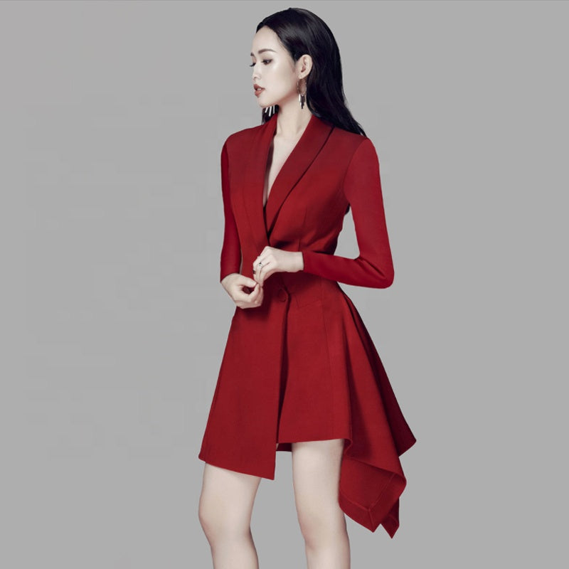 MZ19598 New Design Spring Casual Asymmetrical Ladies Office Wear Dress with Belt