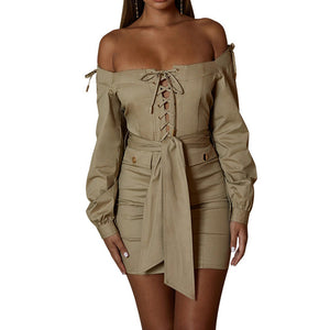 Mini shirt dress in beige color  Off the shoulder design with tie front career sexy dresses