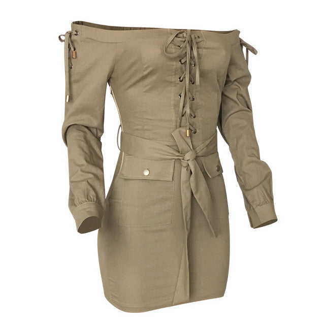 Mini shirt dress in beige color  Off the shoulder design with tie front career sexy dresses