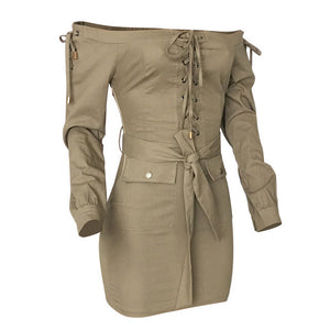 Mini shirt dress in beige color  Off the shoulder design with tie front career sexy dresses