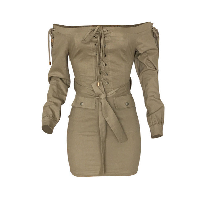 Mini shirt dress in beige color  Off the shoulder design with tie front career sexy dresses