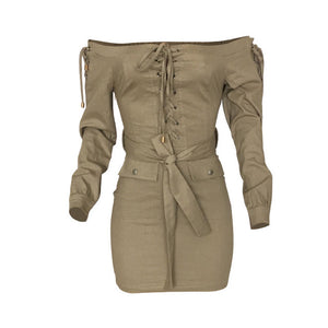 Mini shirt dress in beige color  Off the shoulder design with tie front career sexy dresses