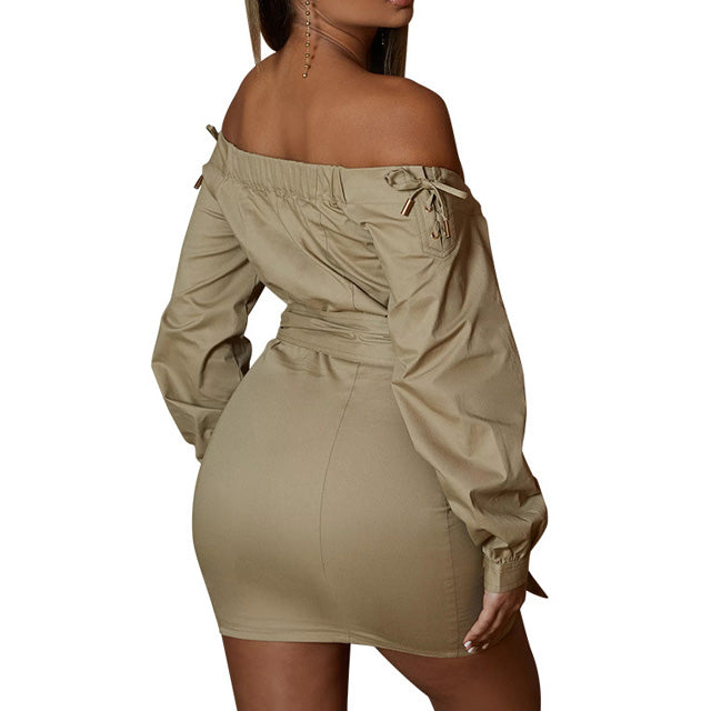 Mini shirt dress in beige color  Off the shoulder design with tie front career sexy dresses