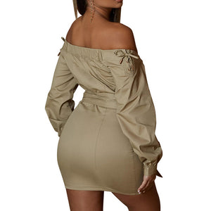 Mini shirt dress in beige color  Off the shoulder design with tie front career sexy dresses