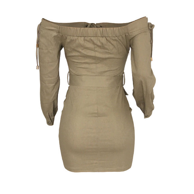 Mini shirt dress in beige color  Off the shoulder design with tie front career sexy dresses