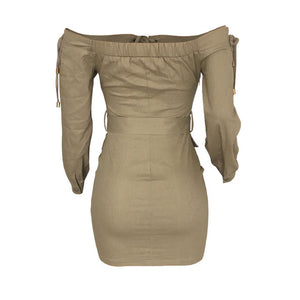Mini shirt dress in beige color  Off the shoulder design with tie front career sexy dresses