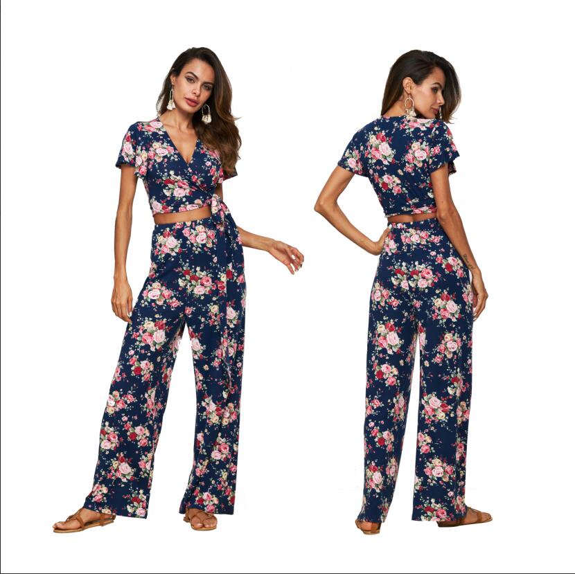 New Fashion Women Clothing Autumn Ladies Two Pieces Sets Floral Crop Tops Long Wide Leg Pants Sets