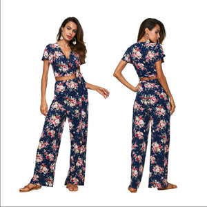 New Fashion Women Clothing Autumn Ladies Two Pieces Sets Floral Crop Tops Long Wide Leg Pants Sets