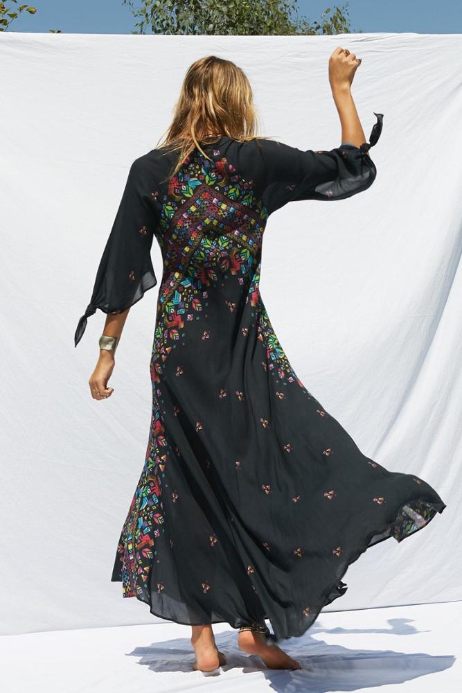 New Floral Print Fashion Bohemian V-Neck Button Dress Asymmetrical Long Dress