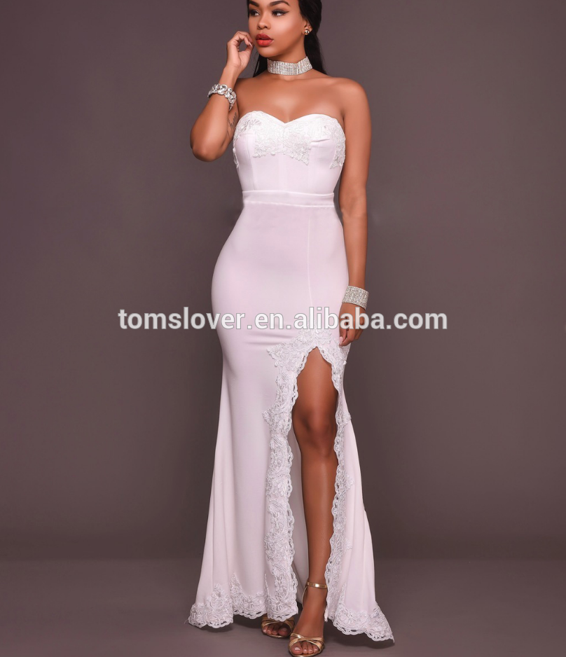 New High-end Dress High Slit Lace Prom Tube Dress Sleeveless Strapless White Front Slit Wedding Dress