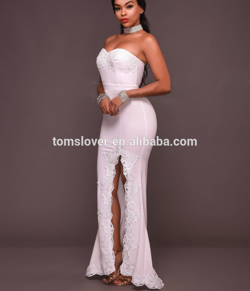 New High-end Dress High Slit Lace Prom Tube Dress Sleeveless Strapless White Front Slit Wedding Dress