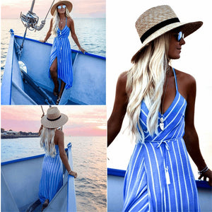 New Women Summer Dress Boho Maxi Long Striped Halter Evening Party Beach Dresses Sundress Irregular Bohemian Holiday Dress