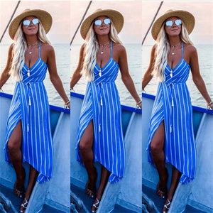 New Women Summer Dress Boho Maxi Long Striped Halter Evening Party Beach Dresses Sundress Irregular Bohemian Holiday Dress