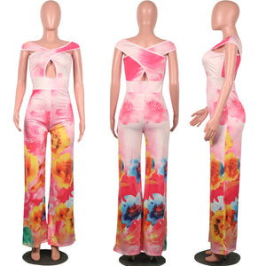 New Women Summer Slim Off The Shoulder Multicolor Printed Jumpsuit  EACF1841