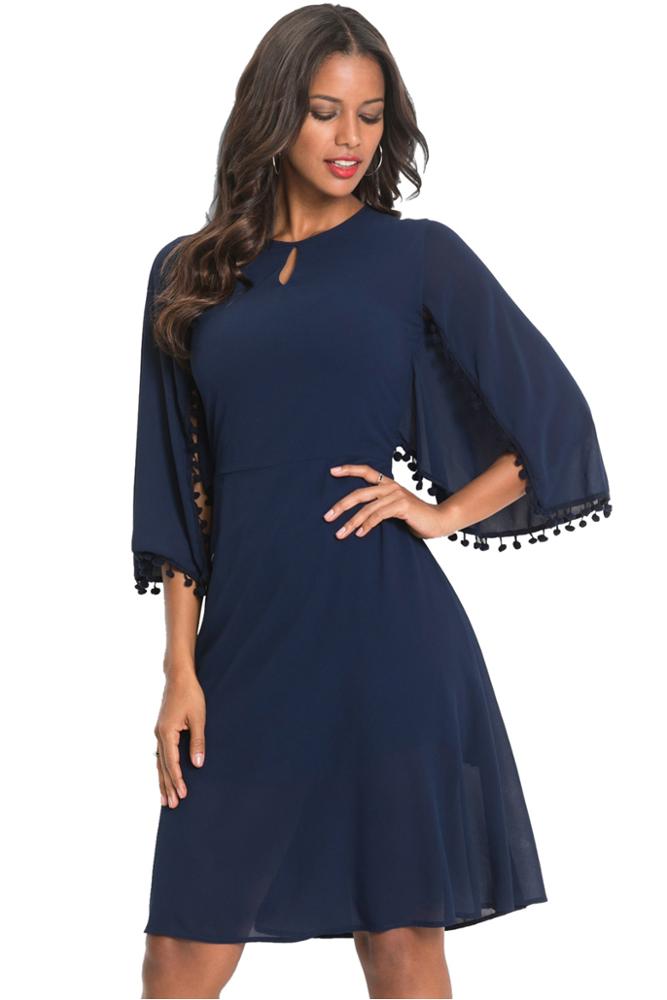 Women long  bell sleeve latest design plain chiffon casual dress