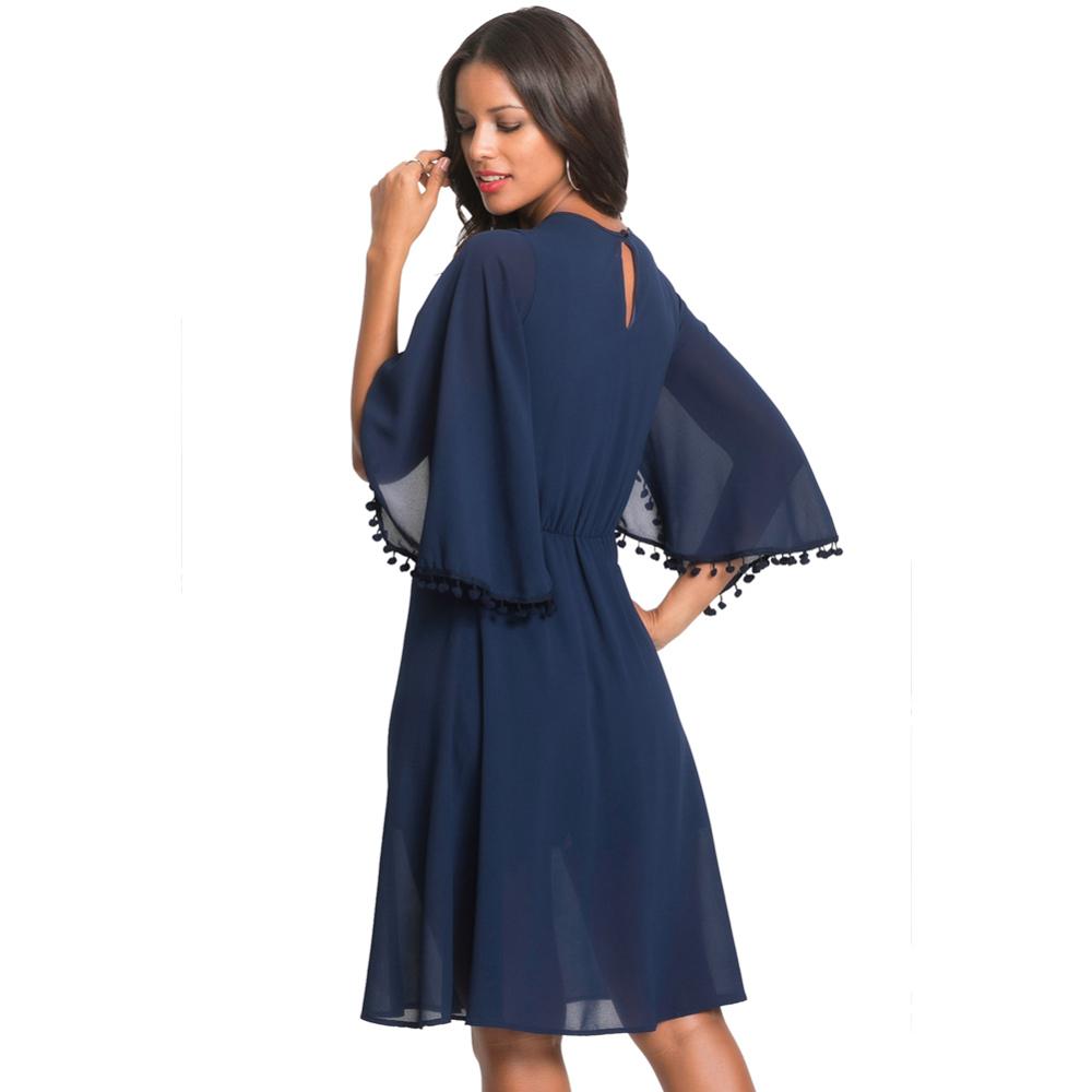 Women long  bell sleeve latest design plain chiffon casual dress