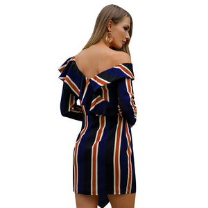 New style custom women sexy striped dress long sleeve one off shoulder short dress