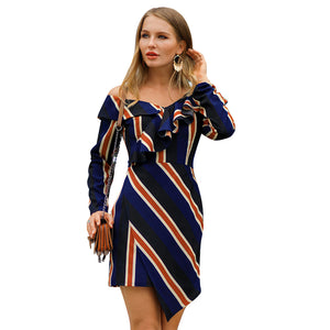 New style custom women sexy striped dress long sleeve one off shoulder short dress