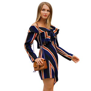 New style custom women sexy striped dress long sleeve one off shoulder short dress