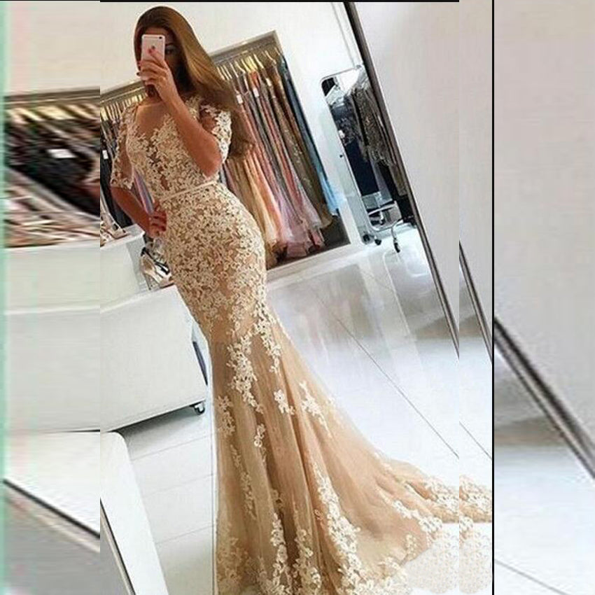 New styles cheap appliqued lace beaded Mermaid Plus size evening cocktail champagne/red half sleeve prom dress  MPA25