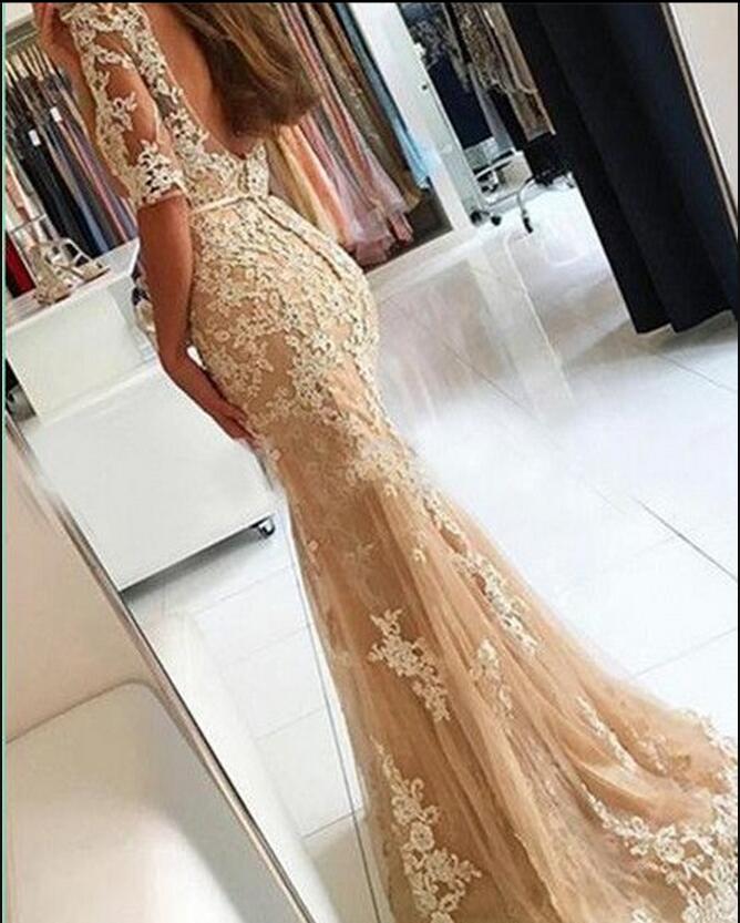 New styles cheap appliqued lace beaded Mermaid Plus size evening cocktail champagne/red half sleeve prom dress  MPA25