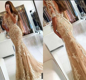 New styles cheap appliqued lace beaded Mermaid Plus size evening cocktail champagne/red half sleeve prom dress  MPA25