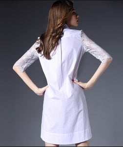 OEM/ODM Low MOQ  fashion women scallop lace half sleeves summer sexy office lady white shirt dress