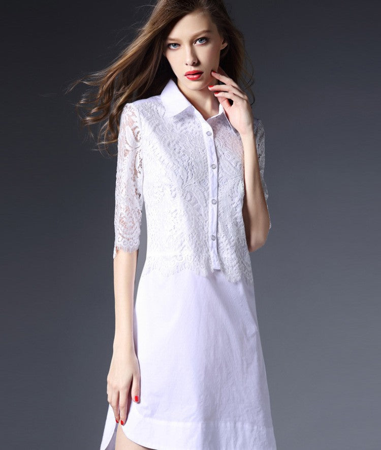 OEM/ODM Low MOQ  fashion women scallop lace half sleeves summer sexy office lady white shirt dress